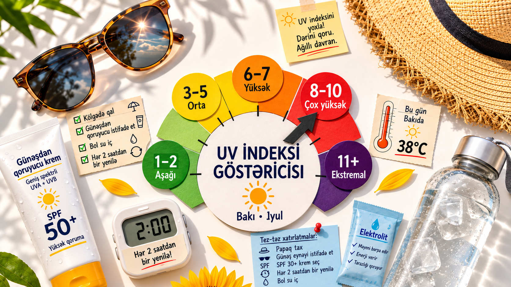 UV index risk cedveli — UVA UVB gunes suasi deri zereleri SPF qorunma yay iyul